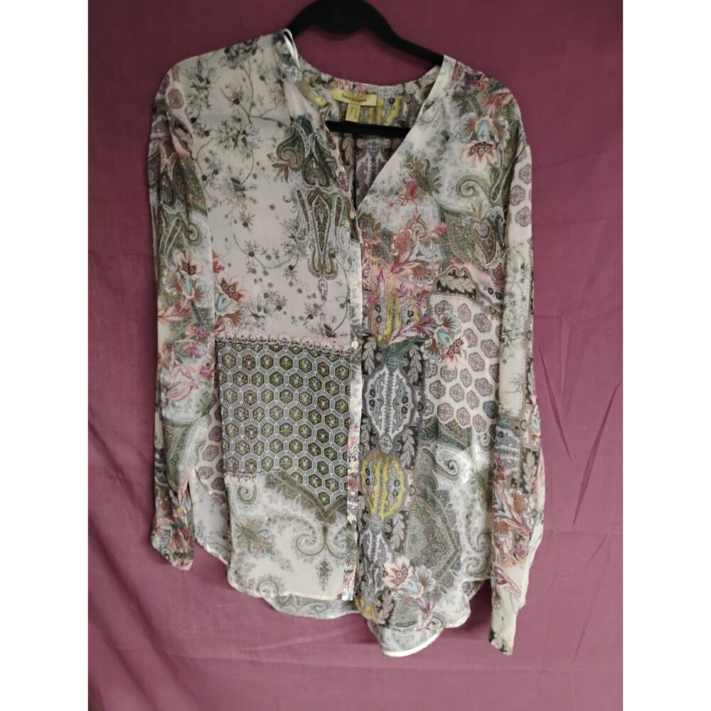 Bandolera Sheer Print Blouse Button Front  Long Sleeve Style Garima 44